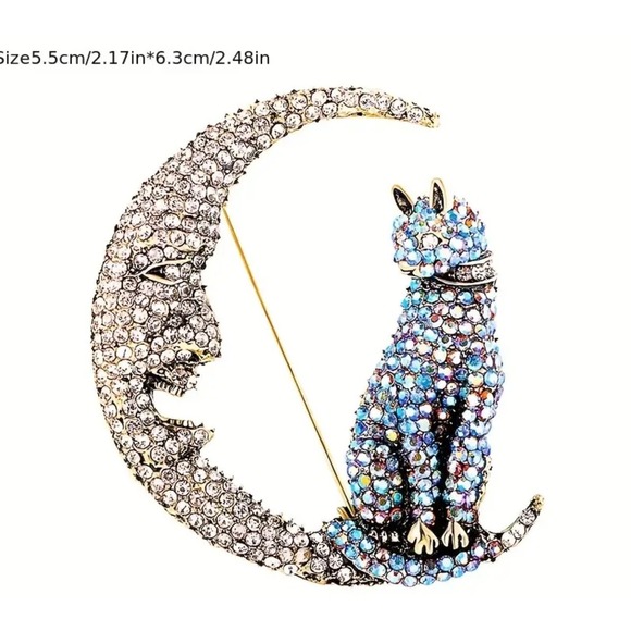 Crystal Cat On The Moon Brooch Blue Crystal Pin‎ Vintage Style NWT - Picture 2 of 6
